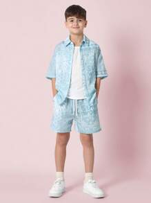 SUMWON Boys Summer Bandana Print Co-Ord Set Short Sleeve Button Down Shirt Drawstring Shorts Vacation Beach Holiday Resort Wear Tween Teenage Fashion Outfit Pack - Multicolor - View 1