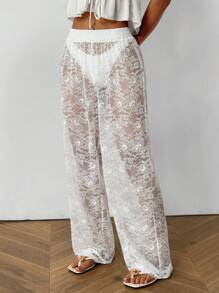 SHEIN EZwear Women's Lace Elastic Waist Wide Leg Loose Sexy Pants - White - View 5