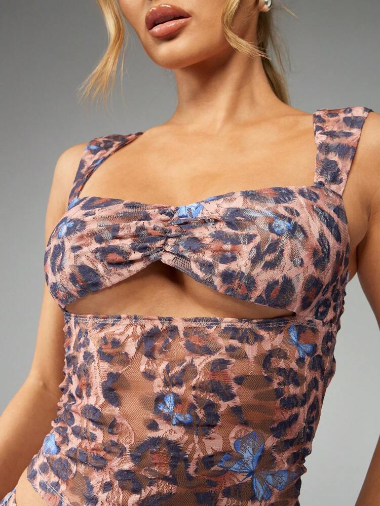 Ryoxxx　リメイクデニム★ヒョウ柄MIXフリンジ＋ストラップセット MISSGUIDED ヒョウ柄メッシュシャーリングディテールダブル