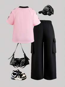 2pcs/Set Young Girl Pink Raglan Sleeve '07' Graphic Sweatshirt & Black Cargo Pants Set, Sports Style Outfit