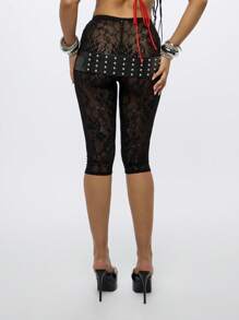 SUMWON WOMEN 蕾丝花边卡普里紧身裤夏季节日沙滩装中长款透明图案渔网裤晚装