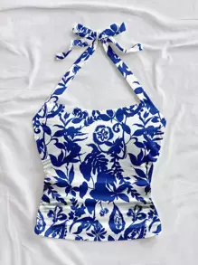 Soleia 女士复古蓝白瓷印花针织纹理露背背心，适合夏季