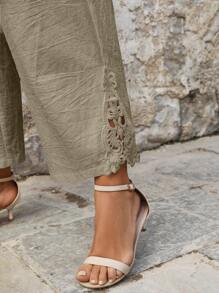 Linhara Plus Size Casual Linen Pants With Embroidered Floral Trim - Khaki - View 4