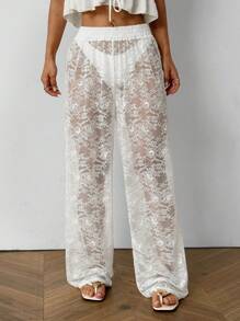 SHEIN EZwear Women's Lace Elastic Waist Wide Leg Loose Sexy Pants - White - View 3