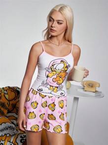 GARFIELD | SHEIN Women Cute Contrast Trim Cartoon Cat Print Camisole Top And Shorts Pajama Set - Pink - View 4