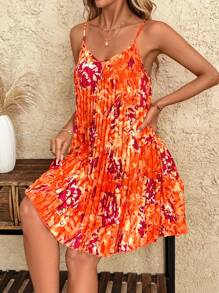 SHEIN Clasi 细肩带褶皱度假连衣裙，橙色和粉色抽象印花，女士优雅夏季度假装，商务休闲装，可爱夏季西部装，波西米亚风女装，复古风格复活节装，女士狂欢装，节日音乐会太阳裙