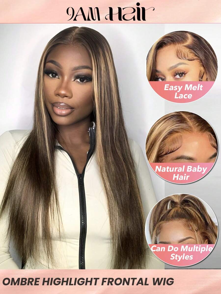 Ombre Highlight Lace Front Wigs Human Hair Straight 5x5 Closure Wigs Pre Plucked With Baby Hair Transparent 13x4 13x6 Frontal Wigs Balayage 4/27 Color