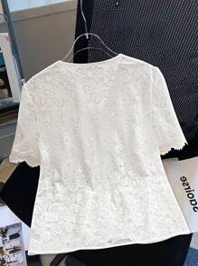 SHEIN Clasi Women's V-Neck Lace Trim Hollow Textured Floral Printed Simple Blouse, Spring/Summer - White - View 3