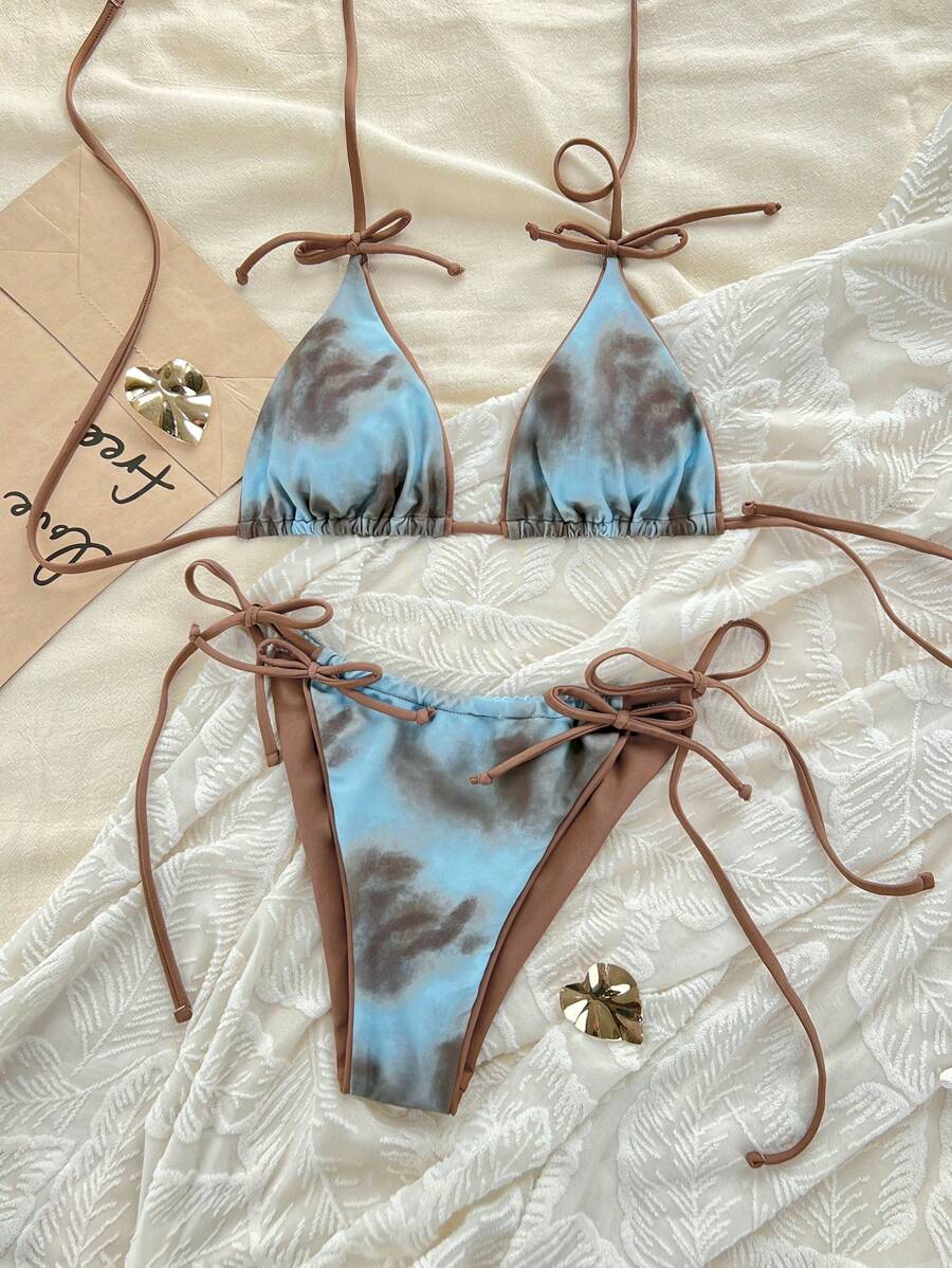 Bowknot Print Sexy Padded Spaghetti Strap Bra Tankini Bikini Set - Multicolor - View 1