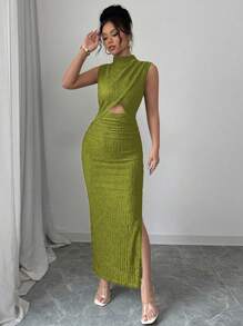 Rafferiza Sleeveless Green Mock Neck Cutout Waist Textured Dress - Green - View 6
