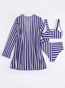 SHEIN Swim 3 件套蓝色和白色条纹图案海滩派对度假休闲长袖泳衣罩衫和比基尼泳装女士夏季 - 藍白色 - 查看 8
