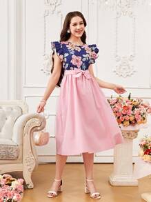 Floral Print Ruffle Sleeve Short Dress, Elegant, V-Neck With Sheer Lace Trim, Tie Waist With Bowknot, Flared Skirt For Teen Girls,Holiday,Summer,Travel - Blue - View 5