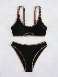 SHEIN Swim 2 件套新款夏季棕色紧身性感优雅派对音乐节休闲度假海滩比基尼女式泳装 - 棕色 - 查看 6