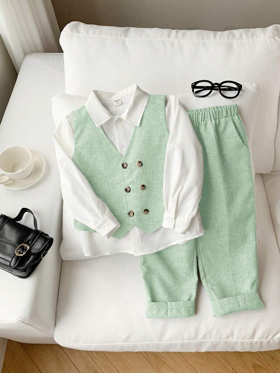 2pcs Young Boys Young Girls Casual Preppy New Style Boys' Suit Set: Blazer, Vest And Trousers, Gentleman Formal Wear Set , Suitable For Outings, Street Wear, Parties, Home, Back To School, Birthday, Baby Shower, Holiday Parties, Autumn Winter - Mint Green - View 1