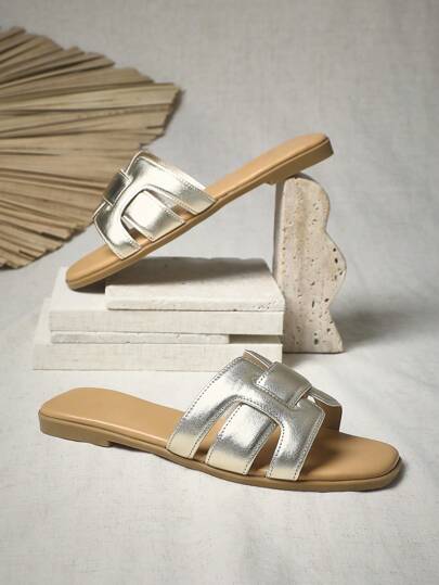 SHUZIA All-Time Bestseller Women's Luxury-Inspired Padded Woven Strap Open Toe Flat PU Metallic Gold Slides-Minimalist, Comfort & Versatile Spring Shoes Spring Break Easter Mother's Day Present Valentine's Day