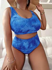 Slaydiva Bộ bikini in họa tiết nhuộm loang cỡ lớn 2 mảnh cho nữ, đồ bơi đi biển thời trang thường ngày - Màu xanh lam - Xem 3