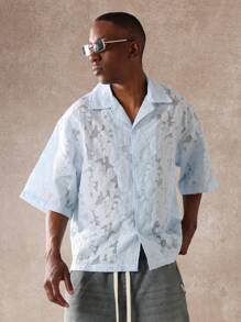 SUMWON 奢华烂花欧根纱纽扣短袖衬衫休闲轻便夏季度假装时尚设计师超大宽松剪裁高级晚礼服