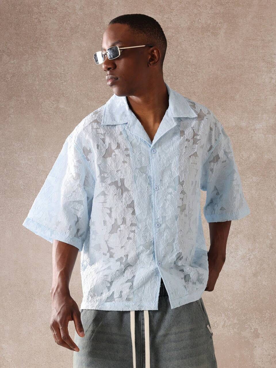 Burnout Organza Button-Down Short Sleeve Shirt