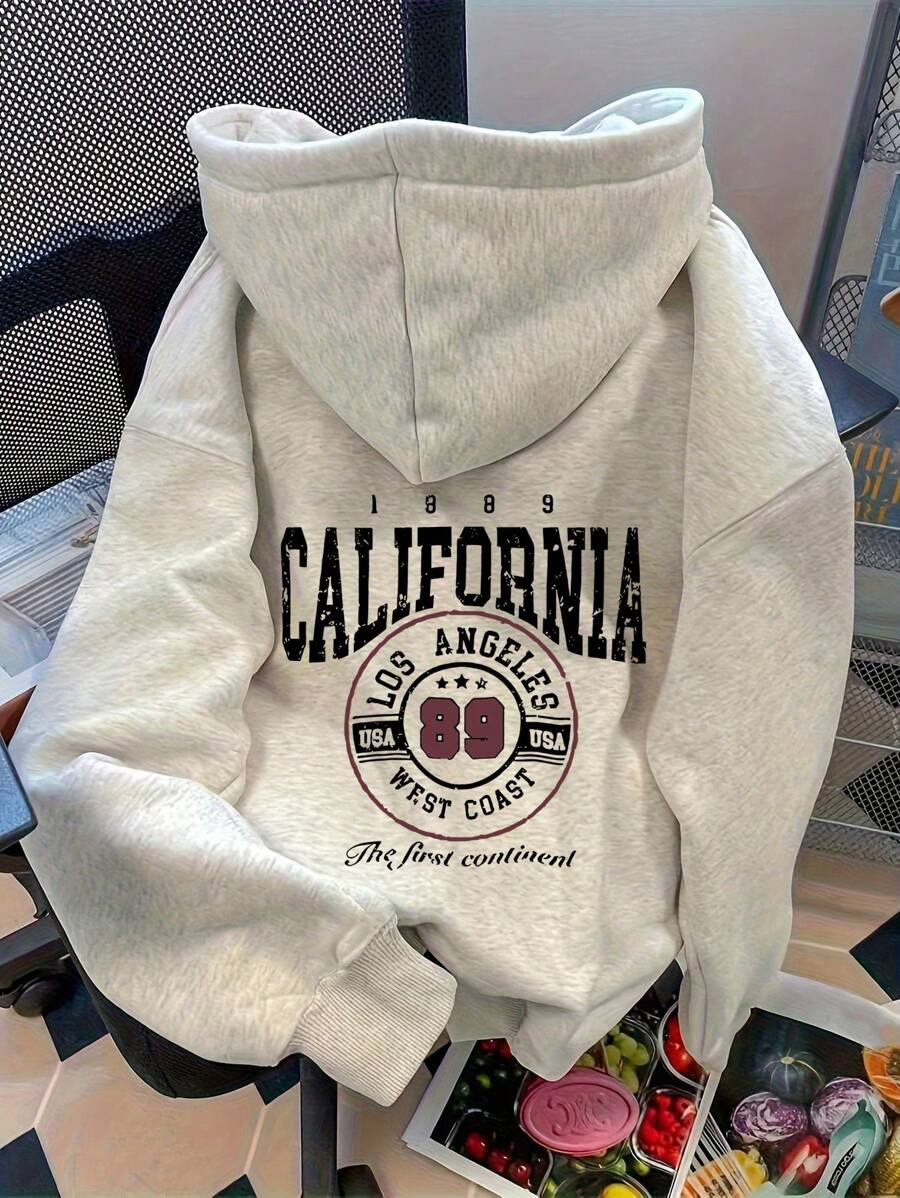 SHEIN 女士休闲字母印花落肩连帽衫，适合秋冬季、毕业典礼、教师、返校套头衫 - 淺灰色 - 查看 1