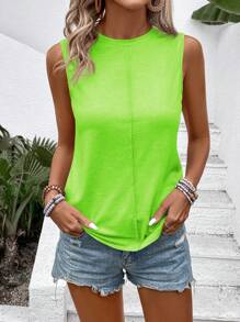 SHEIN LUNE Canotta casual da vacanza da donna, collo rotondo, colore verde neon
