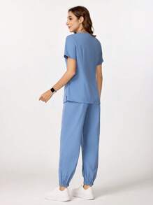 TaskEZ 1set Solid Color Short Sleeve Nursing Scrub Uniform Outfit, Top & Pants For Women Women Women S Scrubs Nurse Scrub Sets Women Scrub Sets For Women,Work Clothes Women For Women Women Plus Clothing Two Pieces Scrubs Scrub Sets - Blue - View 2