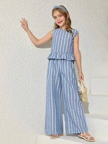 SHEIN Tween 女童度假休闲条纹无袖上衣和直筒裤套装 - 淺藍色 - 查看 4