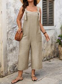 SHEIN LUNE Plus Size Drawstring Pocket Decoration Straight Jumpsuit - Khaki - View 3