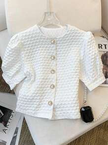 Franclia Women's Fashionable & Elegant Solid Color Textured Puff Sleeve Blouse - White - View 1