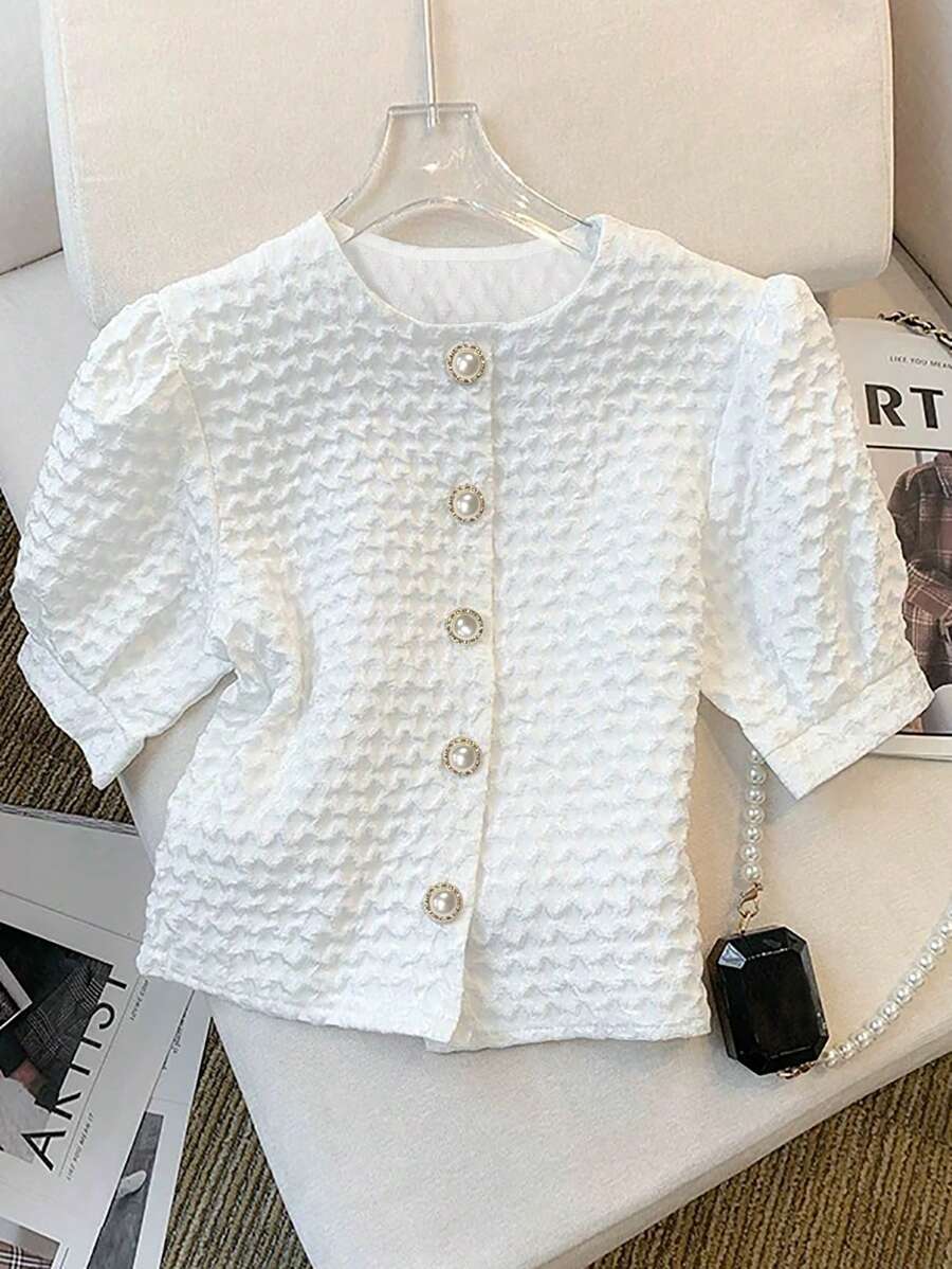 Franclia Women's Fashionable & Elegant Solid Color Textured Puff Sleeve Blouse - White - View 1