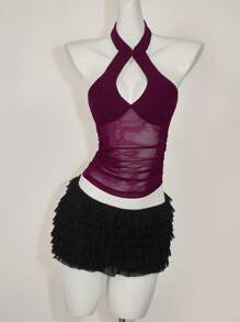 SHEIN ICON Women's Sexy Hollow Out See-Through Backless Halter Neck Top, Summer - Red Violet - View 5