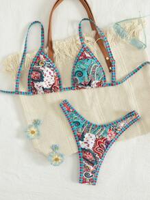 Swim Vcay 2pcs Print Lace-Up Crop Top And Sexy Briefs Women Casual Beach Bikini Swimwear Set - Multicolor - View 3