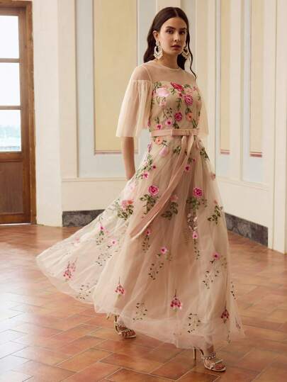 ZEYLAH Women's Elegant Lace Patchwork Floral Embroidery Tie-Up Double Layer Maxi Dress, Summer Dating Dress