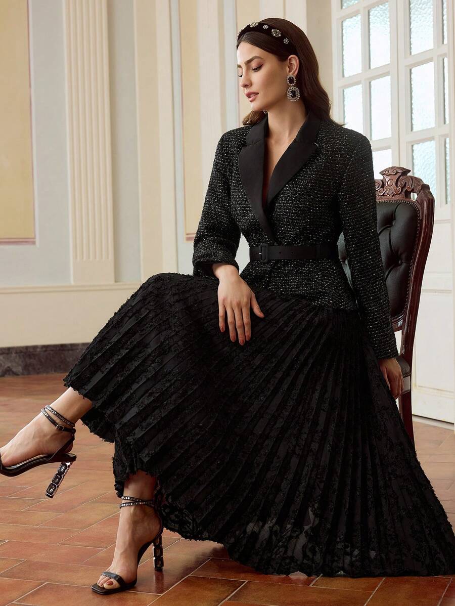 ZEYLAH Black Chunky Tweed, Gold Sequin Decorated, Ruffled Hemline, Chiffon Floral Jacquard Mid-Length Women Dress - Black - View 1