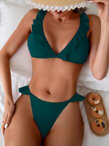 Swim Vcay 女士夏季海滩纯色荷叶边性感比基尼泳装套装 - 水鴨藍 - 查看 3