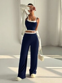 Flirla 2pcs/Set American Style Casual Sports Grey 2 In 1 Racerback Tank Top And Mid-Waist Floral Print Pants Set For Women, Summer