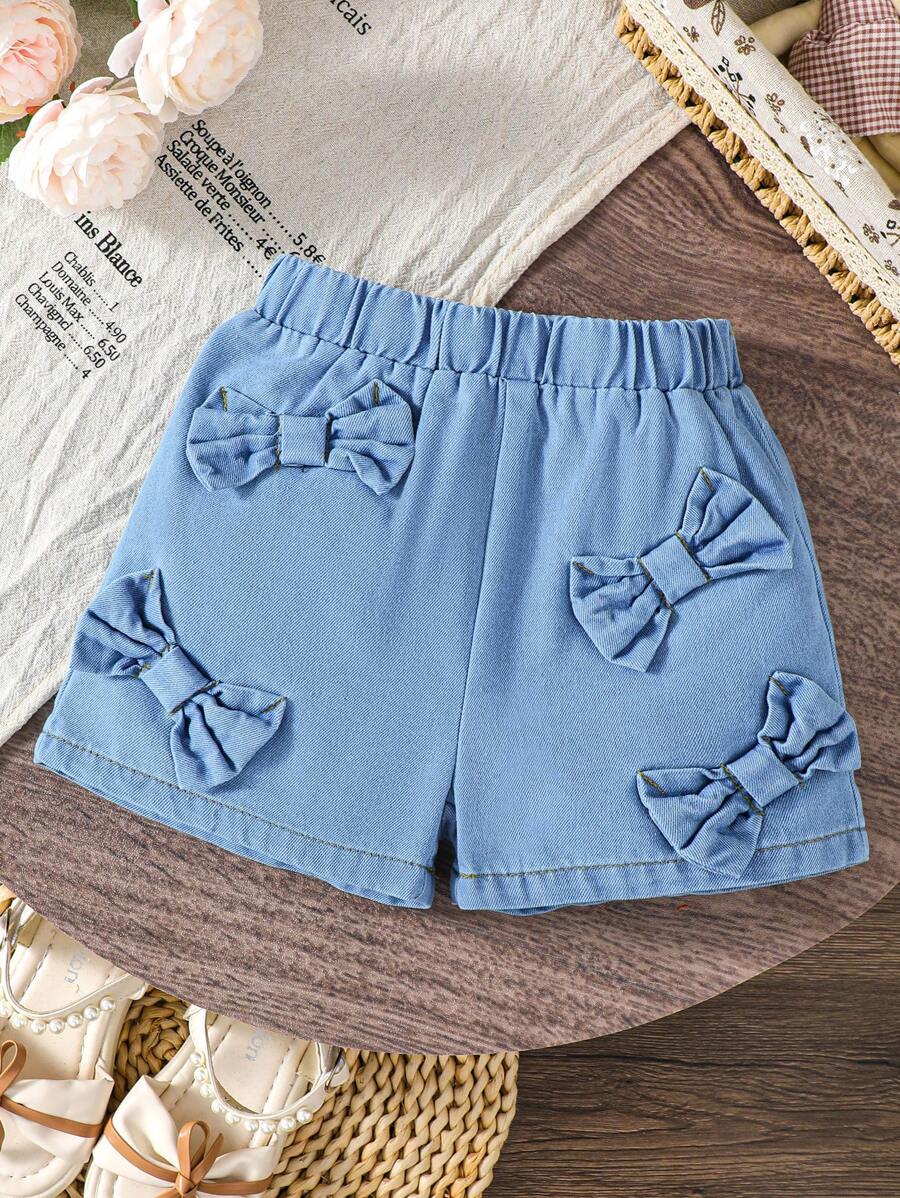 1pc Girls Casual Chic Denim Shorts With Bow, Blue Washed Fabric, Spring/Summer New Arrival