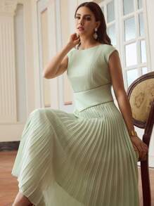 ZEYLAH Vestido elegante de unicolor con cuello redondo, mangas farol y plisado para mujer