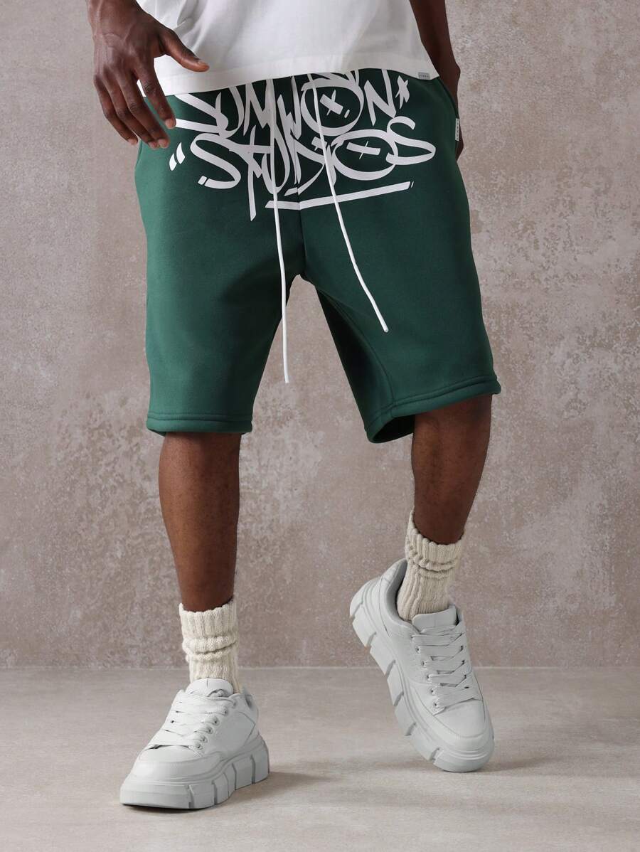 SUMWON Athletic Basketball Sweat Shorts Graffiti Urban Style Summer Gym Workout Running Training Active Jogger Performance Shorts With Side Pockets - Dark Green - View 1