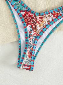 Swim Vcay 2pcs Print Lace-Up Crop Top And Sexy Briefs Women Casual Beach Bikini Swimwear Set - Multicolor - View 5