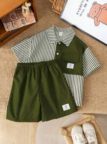 SHEIN 2pcs/Set Young Boys Comfortable Daily Versatile Loose Fit Korean Fashion Stripe Shirt And Contrast Shorts Set, Suitable For Spring/Summer, For Daily, Sports, Outings, School, Parties, Holidays, Photoshoots, Back-To-School