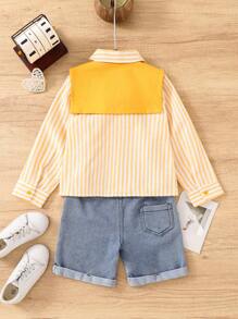 SHEIN Leap Crew 年轻女孩时尚条纹宽松休闲衬衫配披肩 - 黃色 - 查看 2