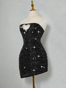 SHEIN ICON Simple Fashion Heart Shape Rhinestone Decor Tube Top Dress, Suitable For Summer - Black - View 7
