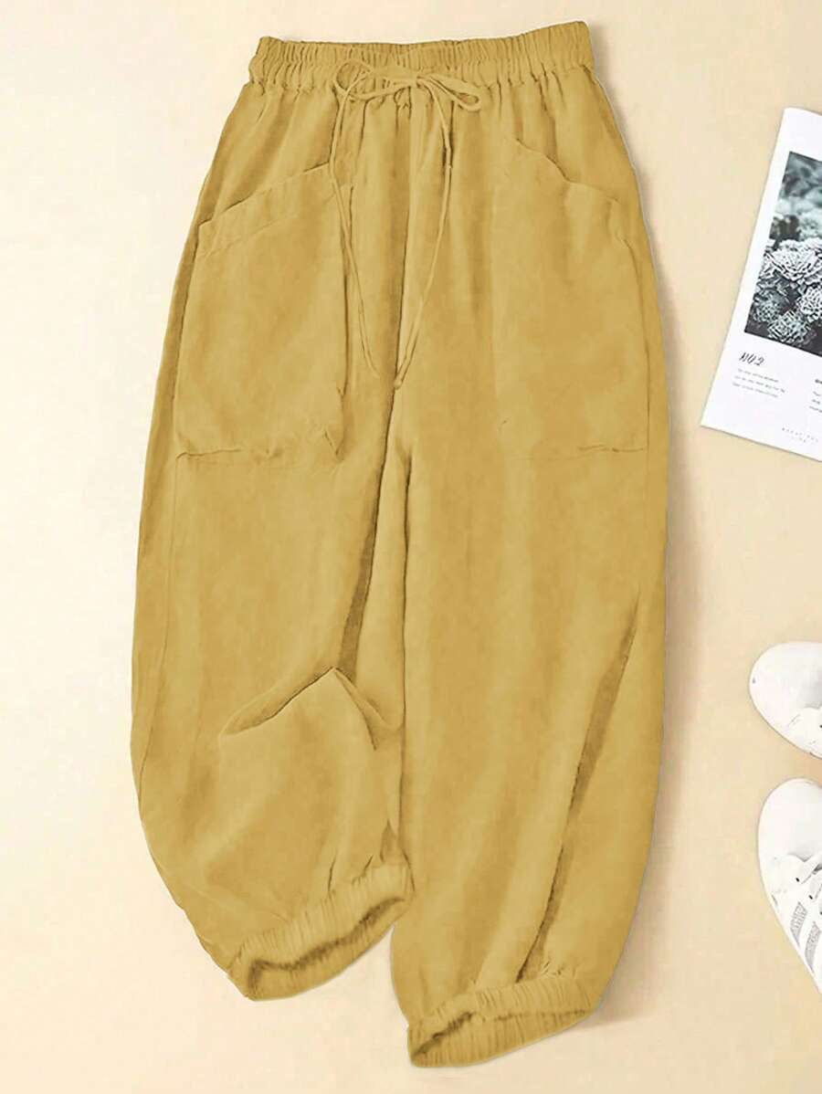SHEIN 大码夏季休闲纯色抽绳腰裤 - 黃色 - 查看 1