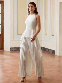 ZEYLAH Women's Solid Color Rhinestone Decor Ruffled Hem Halter Jumpsuit, Elegant - White - View 1