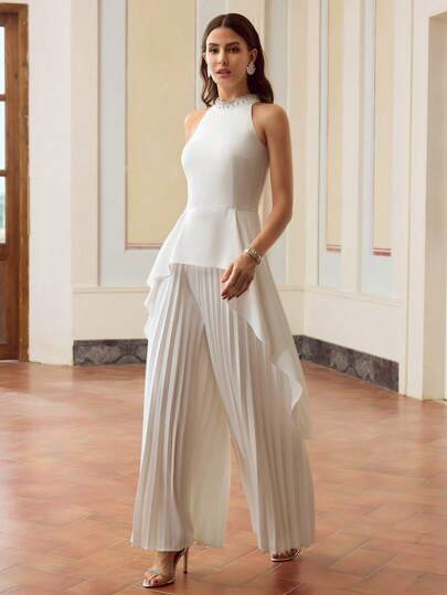 ZEYLAH Women's Solid Color Rhinestone Decor Ruffled Hem Halter Jumpsuit, Elegant