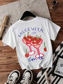Glissea 女士圆领甜樱桃鸡尾酒水果派对印花短袖 T 恤上衣，夏季 - 白色 - 查看 2