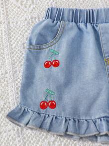 SHEIN Explorewe 2pcs Young Girl "Girlhood Core" Casual Preppy Style Red Camisole And Blue Washed Denim Shorts With Cherry Print Set - Red and White - View 5