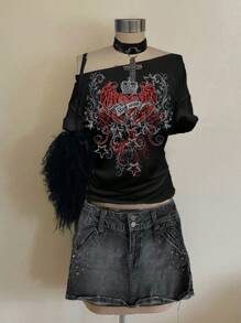 Attitoon Casual Heart Wing Pattern Loose Fit Drop Shoulder Women T-Shirt, Suitable For Summer,Rave Top Back To School - Black - View 2