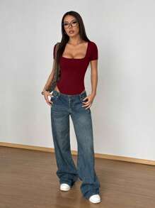 Flirla Women's Solid Color Slim Fit Square Neck Short Sleeve Bodysuit, Minimalist & Versatile For Daily Commute, Spring/Summer - Burgundy - View 6