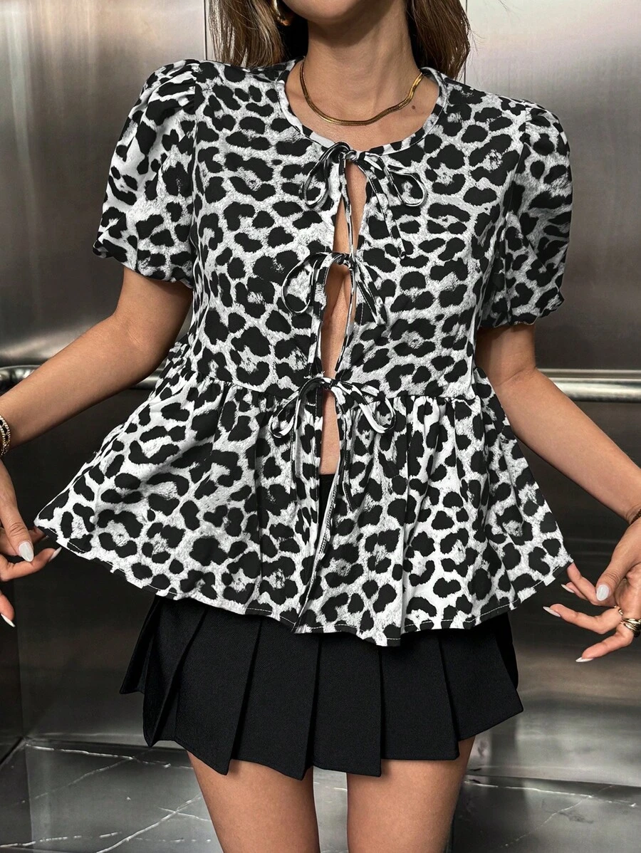 SHEIN Unity 女士豹纹系带夏季休闲衬衫,适合通勤 - 彩色 - 查看 1